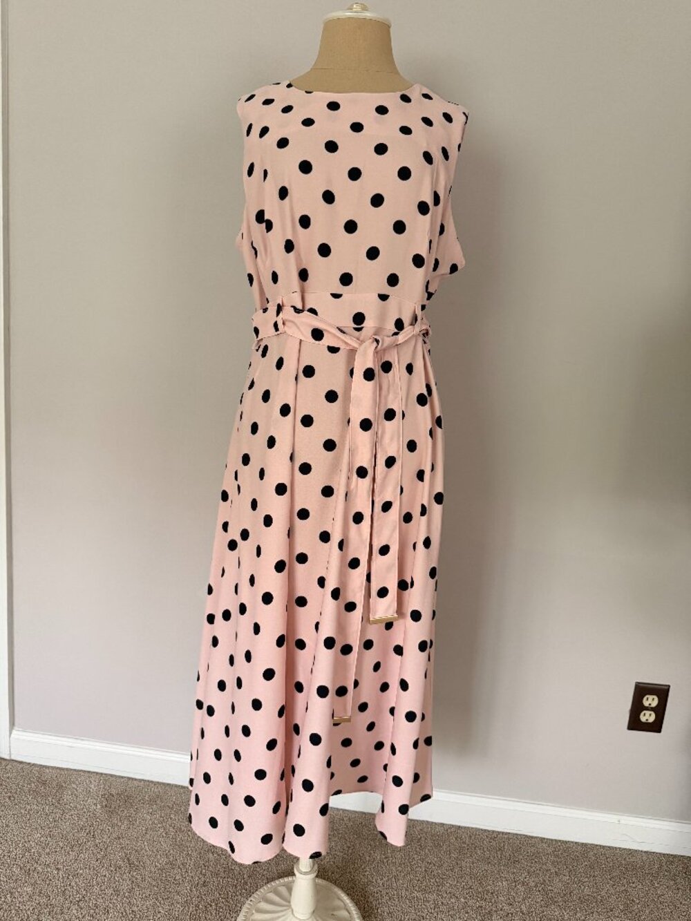 Calvin Klein Jessa A-Line Midi Dress Pink Black Polka Dot Belted Size 14
